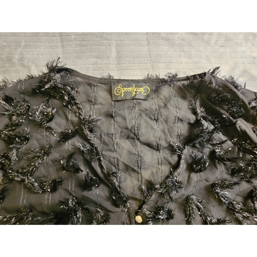 Spoon Jeans Black Sheer Eyelash Fringe Metallic Crop Top Blouse Womens 1X